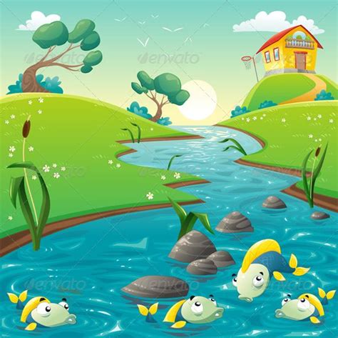 Landscape with River and Fish. | Art drawings for kids, Fish vector ...