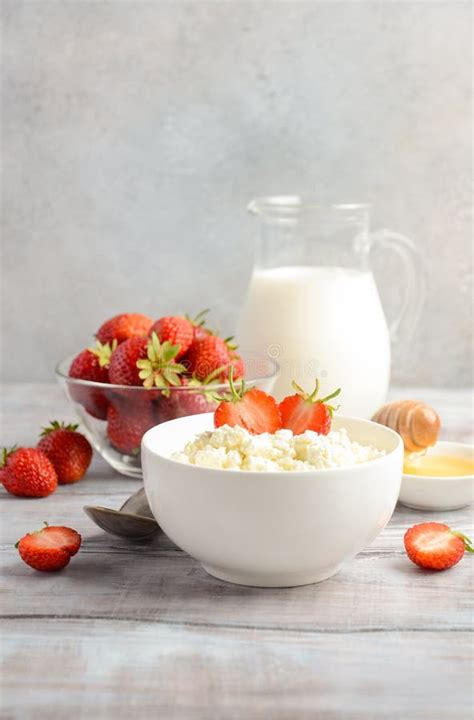 Fresh Cottage Cheese With Fresh Strawberries Healthy Breakfast Concept