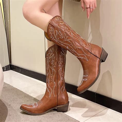 Botas Ocidentais De Cowboy Bordadas Femininas Saltos Rob Ticos Retr