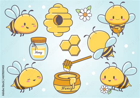 Bee And Honey Bee Set Flying Bee Honey Comb And Bee Elements Stock Vector Adobe Stock