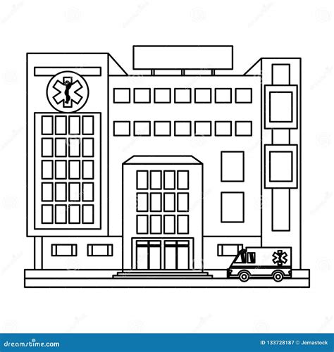 Hospital Building Scenery in Black and White Stock Vector ...