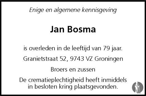 Jan Bosma Overlijdensbericht En Condoleances Mensenlinq Nl