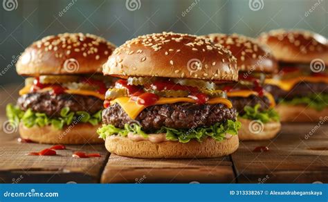 Trio Of Cheeseburgers With Bacon And Lettuce Close Up Food Photography