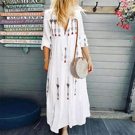 Zanzea 2020 Fashion Maxi Dress Womens Sundress Autumn V Neck Bohemian