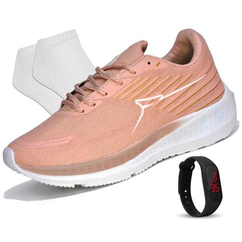 Tenis Feminino Academia Original Caminhada Barato Leve R Rosa Nude Rel Gio Meias