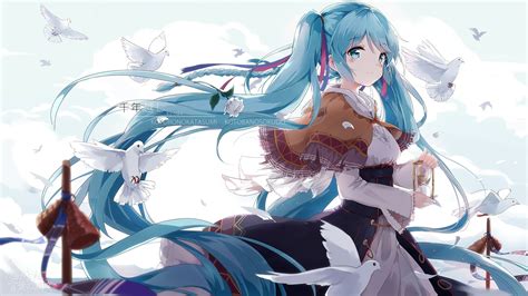 壁纸 插图 鸟类 长发 动漫女孩 蓝头发 蓝眼睛 Vocaloid 初音未来 twintails 曼加卡