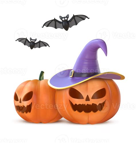 3d Rendering Halloween Pumpkins With Witch Hat And Bats 30714237 Png