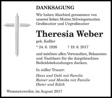 Traueranzeigen Von Theresia Weber Saarbruecker Zeitung Trauer De