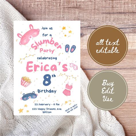 Editable Sleepover Birthday Invitation Pink Pajama Party For Girls