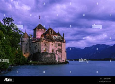 The Chateau De Chillon At Twilight Lake Geneva Switzerland Stock