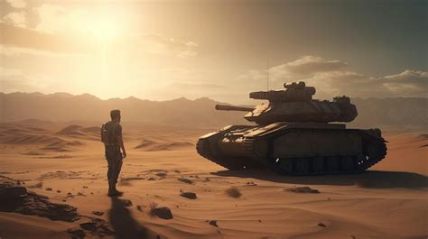 Premium Ai Image Man Stand In Front Of Tank In Desert Digital Art