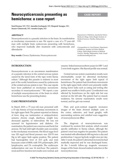 Pdf Neurocysticercosis Presenting As Hemichorea A Case Report