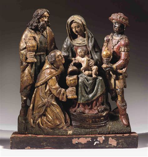 A Parcel Gilt Polychrome Carved Oak Relief Of The Adoration Of The Magi