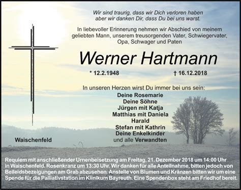 Traueranzeigen Von Werner Hartmann Nordbayerischer Kurier