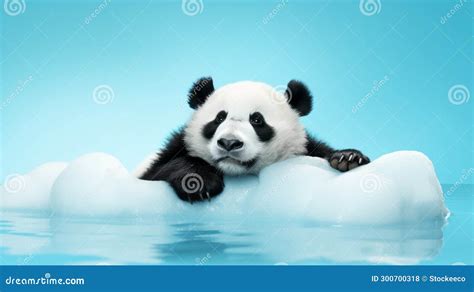 Exotic Panda Floating On Ice A Realistic And Intense Gaze Stock