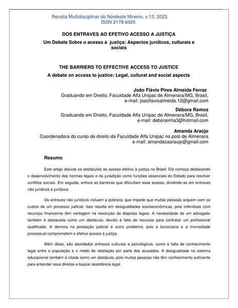 PDF DOS ENTRAVES AO EFETIVO ACESSO Á JUSTIÇA Um Debate Sobre o