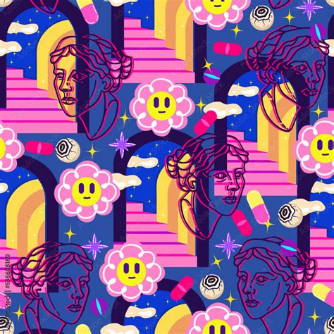 Acid Abstract Characters And Objects Psychedelic Decorative Templates Pattern Dark Background