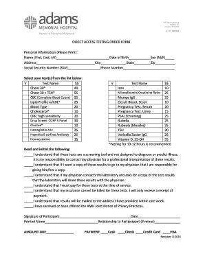 Fillable Online Adamshospital DIRECT ACCESS TESTING ORDER FORM