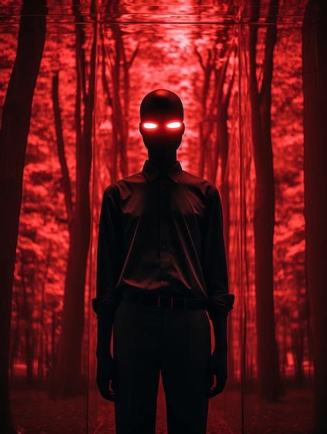Premium Ai Image A Man With Glowing Red Eyes Standing In The Woods