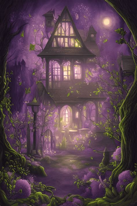 Mystical Fantasy Graphic Scarey Witch House Woods Realistic Purple