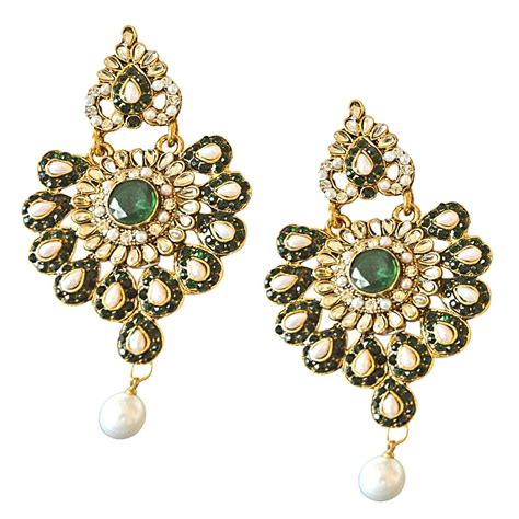 Floral Designed Green White Stones Shell Pearl Gold Plated Ch Bali