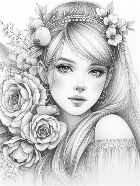 Girl With Flower Premium Coloring Pages For Adults Digital Drawing