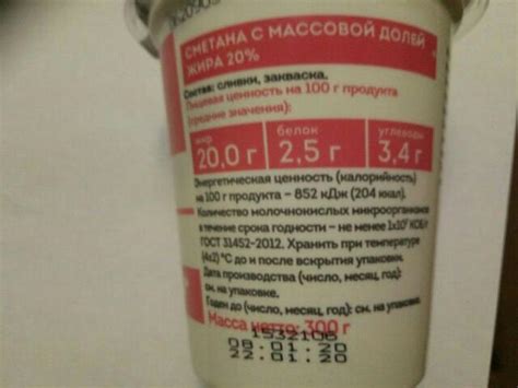 Сметана 20% Станция молочная - калорийность, пищевая ценность ⋙ ...