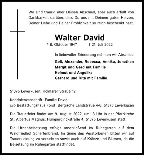 Traueranzeigen Von Walter David Wirtrauern