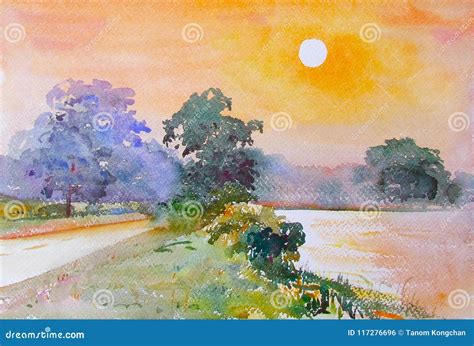 Watercolor Landscape Painting Of Sunset Near The Marsh At Countryside