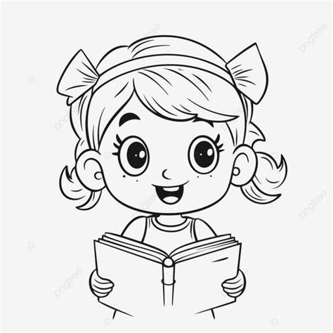 Menina Um Livro Para Ler P Gina Para Colorir Vetor Png Esbo O De