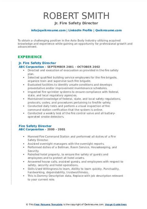 Fire Safety Director Resume Samples Qwikresume