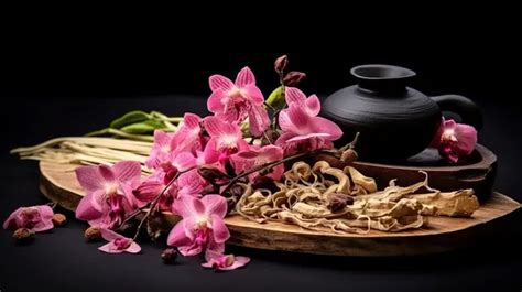 Aromatic Dried Tea Herb With A Graceful Pink Orchid Flower Against A