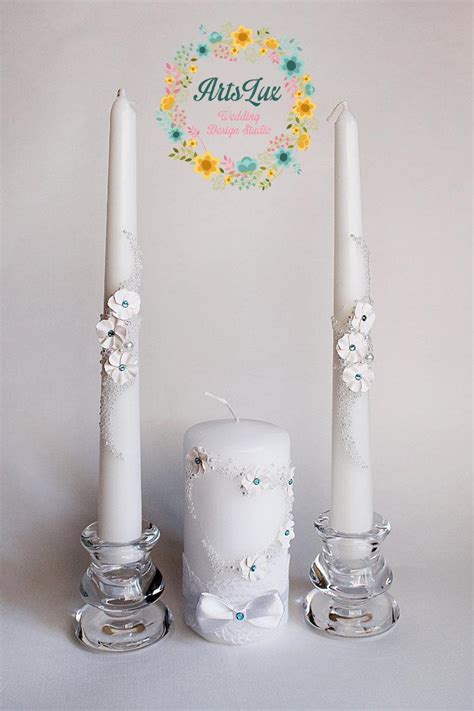 Wedding Unity Candle Set With Swarovski Stones And Handmade Flowers