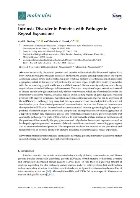 PDF Intrinsic Disorder In Proteins With Pathogenic Repeat Expansions