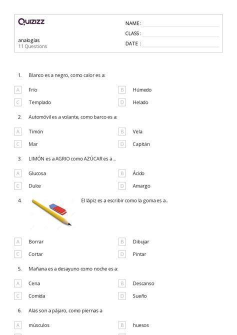 50 Analogías Hojas De Trabajo Para Grado 4 En Quizizz Gratis E Imprimible
