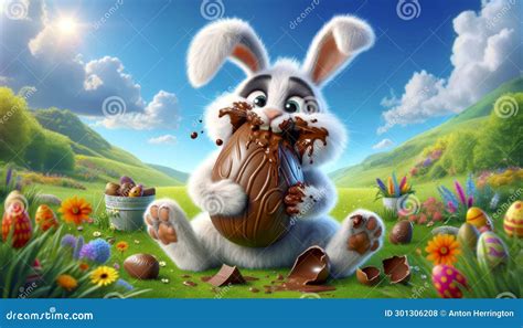 Cartoon Of Messy Easter Bunny Eating A Chocolate Easter Egg Stock