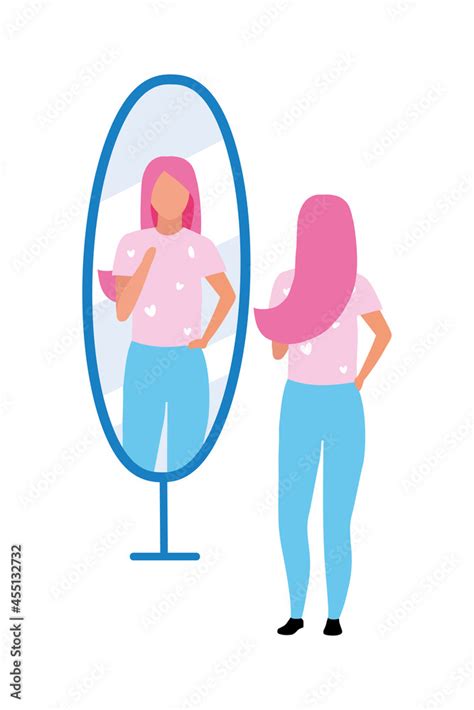 Vecteur Stock Young Woman Looking At Mirror Semi Flat Color Vector