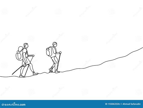 Continuous Line Drawing Of Group Two People Hiking And Climbing