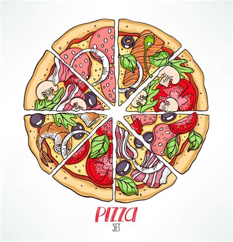 Premium Vector | Circle of pizza slices with various stuffing