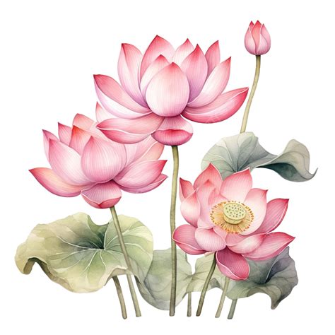 Watercolor Painting In Botanical Style Of Pink Lotus Flowers Clip Art