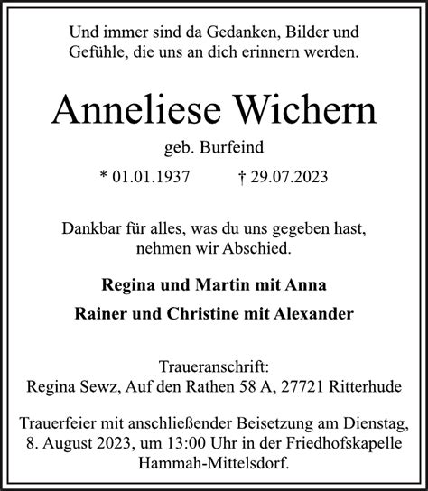 Anneliese Wichern Traueranzeige Stader Tageblatt