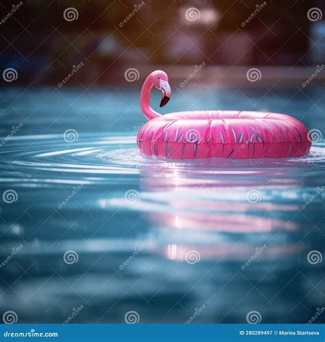 Pink Inflatable Mattress In The Shape Of A Flamingo Swims In An Outdoor