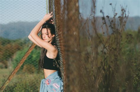 Wallpaper Brunette Closed Eyes Black Tops Jacket Arms Up Fence