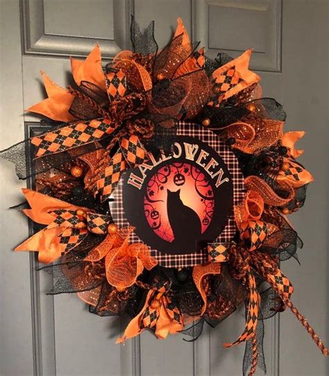 Black Cat Halloween Wreath Pumpkin Orange Black Trick Or Treat Front Door Decor Kats Creations