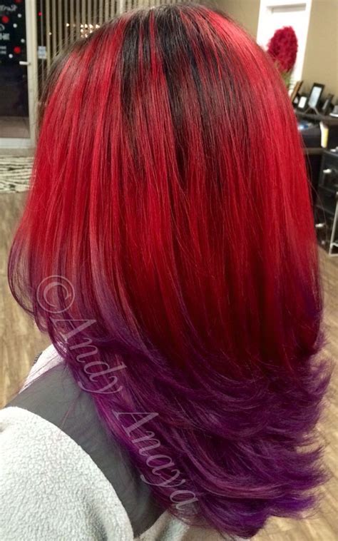 Fiery Red And Smokey Purple Ombré Long Layered Haircut Natural Base In 2024 Purple Hair