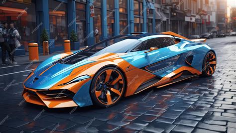 Premium Ai Image Futuristic Blue And Orange Sports Car On City Street