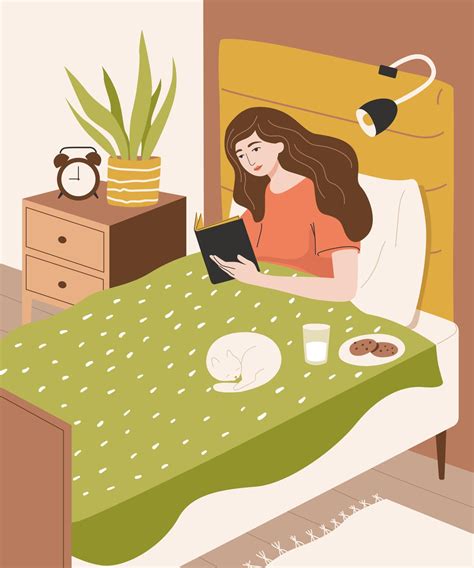 Linda Chica Leyendo Un Libro En La Cama Antes De Dormir Mujer Joven En