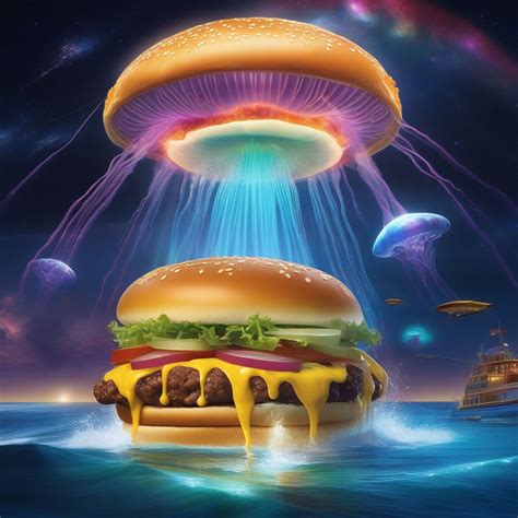 Giant Celestial Jellyfish Shooting Lasers At Giant Cheesebur By