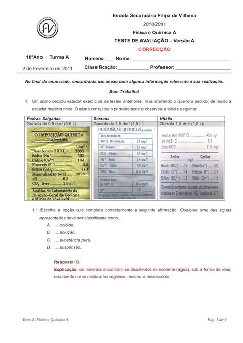 PDF Física e Química A TESTE DE AVALIAÇÃO Versão A PDF fileEscola