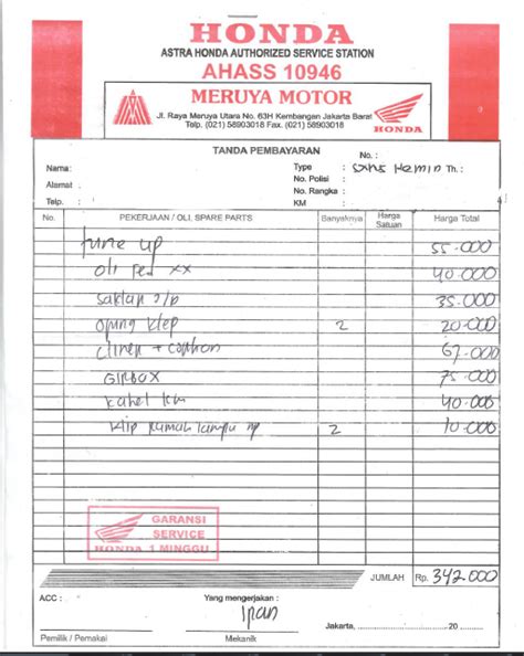 Contoh Bon Bengkel Motor Homecare